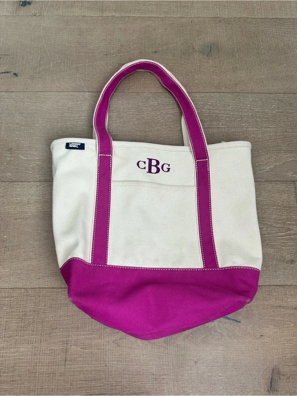 Lands' End White Canvas Tote with Fuchsia Trim and Handles